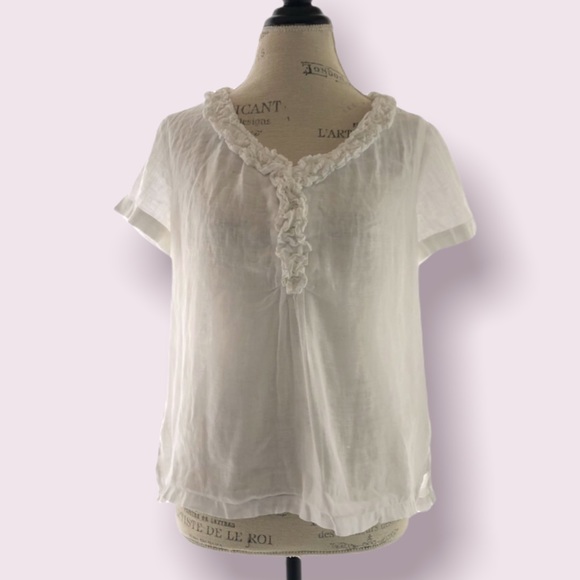 Talbots Petite Linen White Blouse Short Sleeve Ruffled Neckline - Picture 1 of 10
